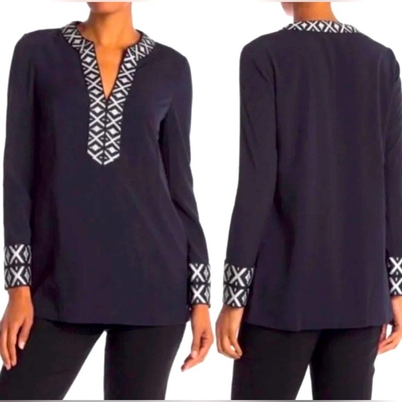 TORY BURCH | NAVY ARIANA TRIBAL EMBROIDERED TUNIC SIZE 10 - Picture 2 of 10